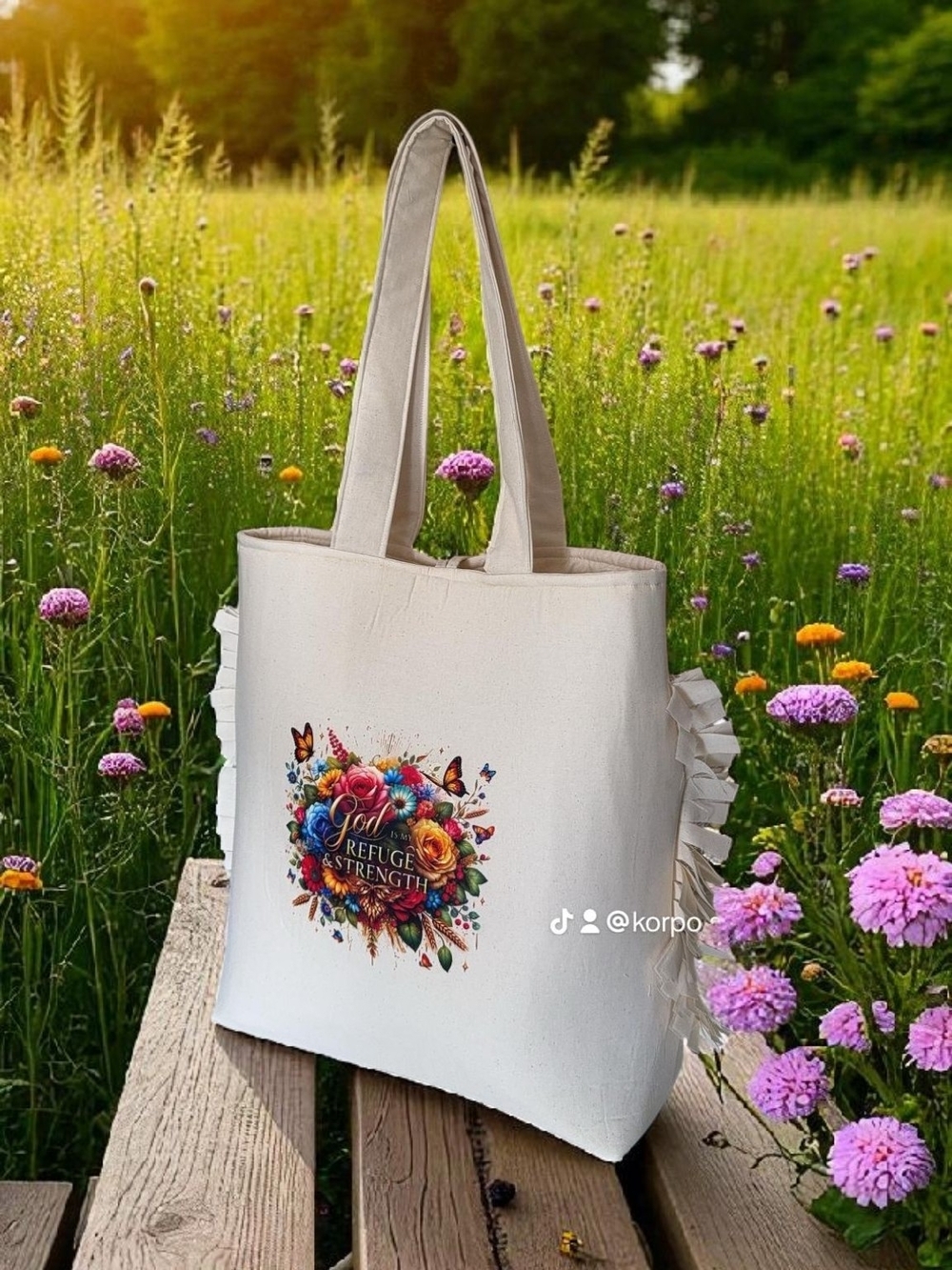 Cream Canvas Tote Bag with Floral 'Refuge Strength' Print
